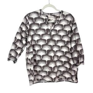 Sohana Tunic Top Large Brown White Ginkgo Palm Leaf Print V Neck 3/4 Sleeve Boho